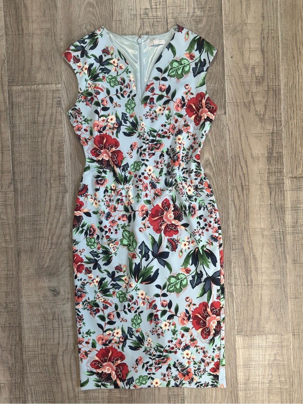 New York & Company Light Blue Midi Dress with Red Floral Print - Size Medium